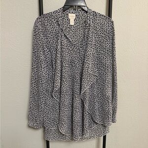 Chico’s Black and White Leopard Print Waterfall Ruffle Front Blouse Size Small/4